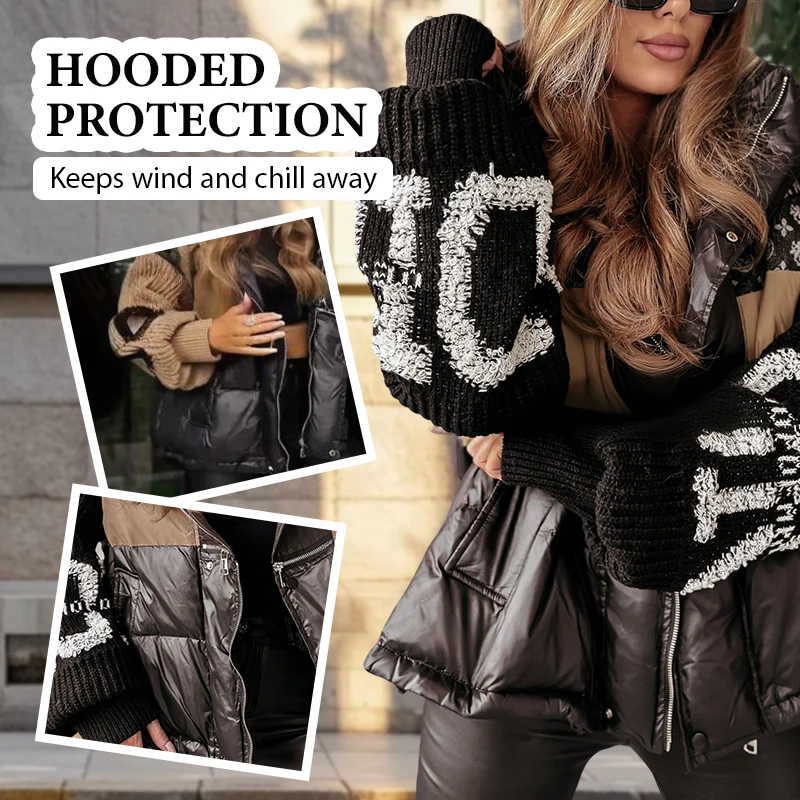 🔥Pré-réchauffement hivernal - Remises énormes🔥Blouson bouffant à capuche à manches en tricot patchwork pour femme - Image 2