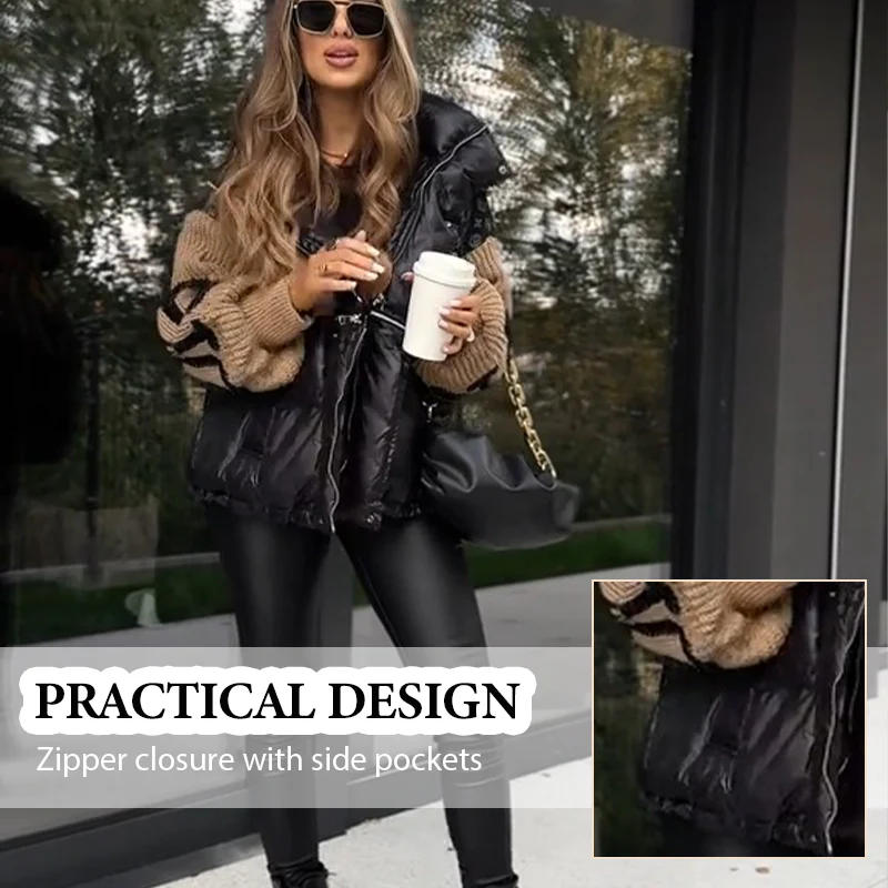 🔥Pré-réchauffement hivernal - Remises énormes🔥Blouson bouffant à capuche à manches en tricot patchwork pour femme - Image 3