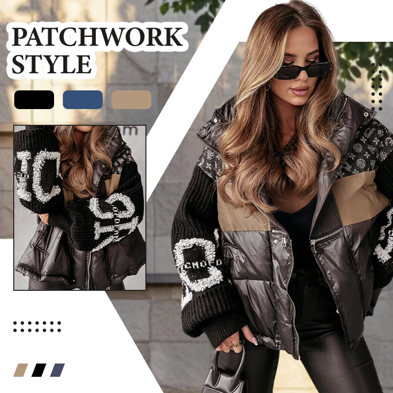 🔥Pré-réchauffement hivernal - Remises énormes🔥Blouson bouffant à capuche à manches en tricot patchwork pour femme - Image 4