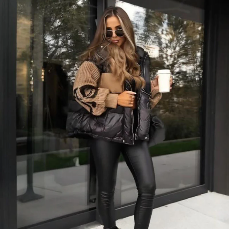 🔥Pré-réchauffement hivernal - Remises énormes🔥Blouson bouffant à capuche à manches en tricot patchwork pour femme - Image 7