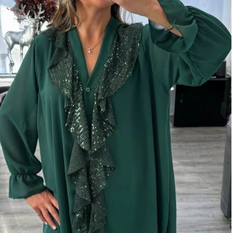 📢📢60 % de réduction !!!🎅Chemise à manches longues à col en V en mousseline et paillettes pour femmes - Image 3