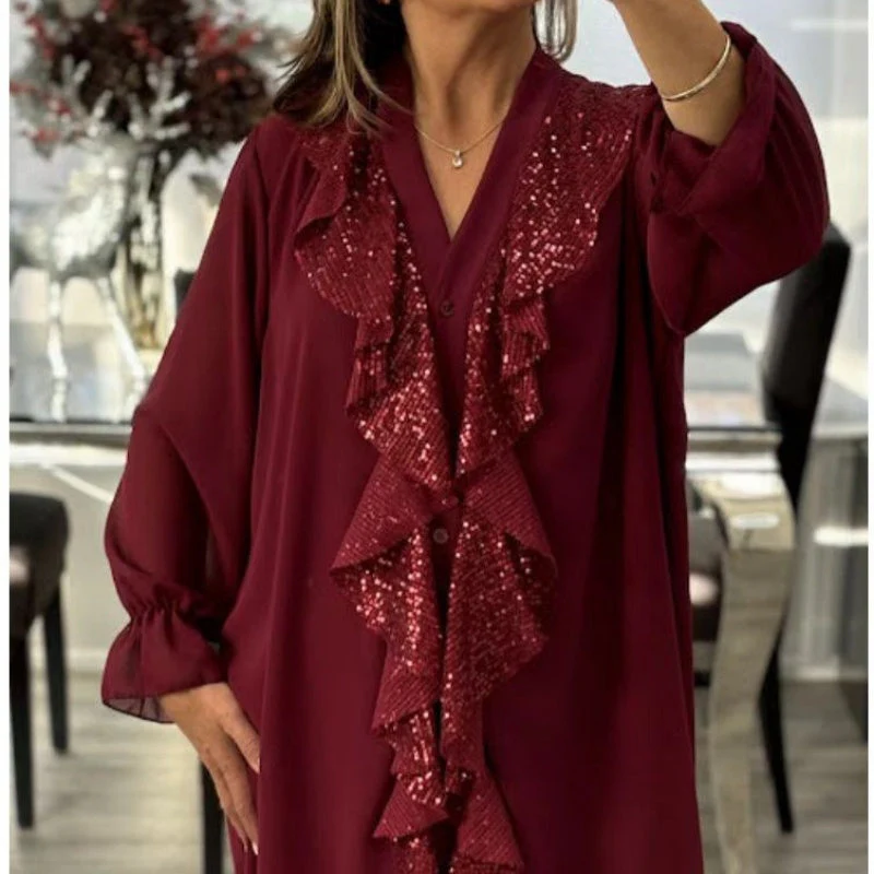 📢📢60 % de réduction !!!🎅Chemise à manches longues à col en V en mousseline et paillettes pour femmes - Image 4