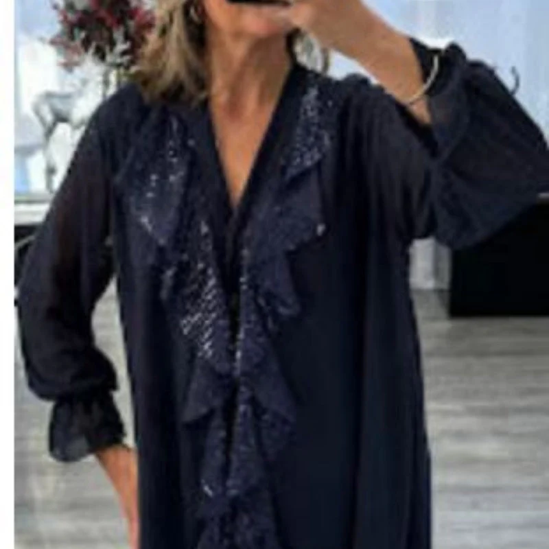 📢📢60 % de réduction !!!🎅Chemise à manches longues à col en V en mousseline et paillettes pour femmes - Image 5
