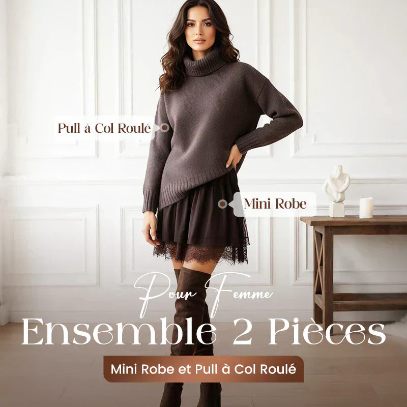 ❄️💃 Soldes d'hiver - 60 % de réduction 👗 Ensemble mini-robe et pull à col roulé pour femme