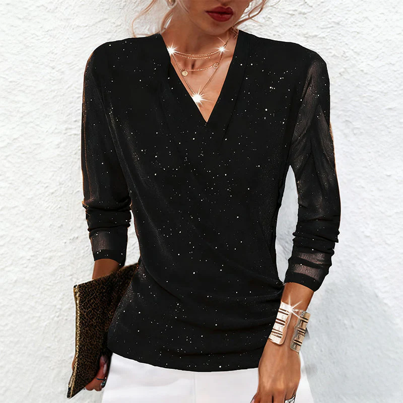 📢📢60 % DE RÉDUCTION !!! ✨Haut à manches longues et encolure en V croisée Sparkle pour femmes - Image 7